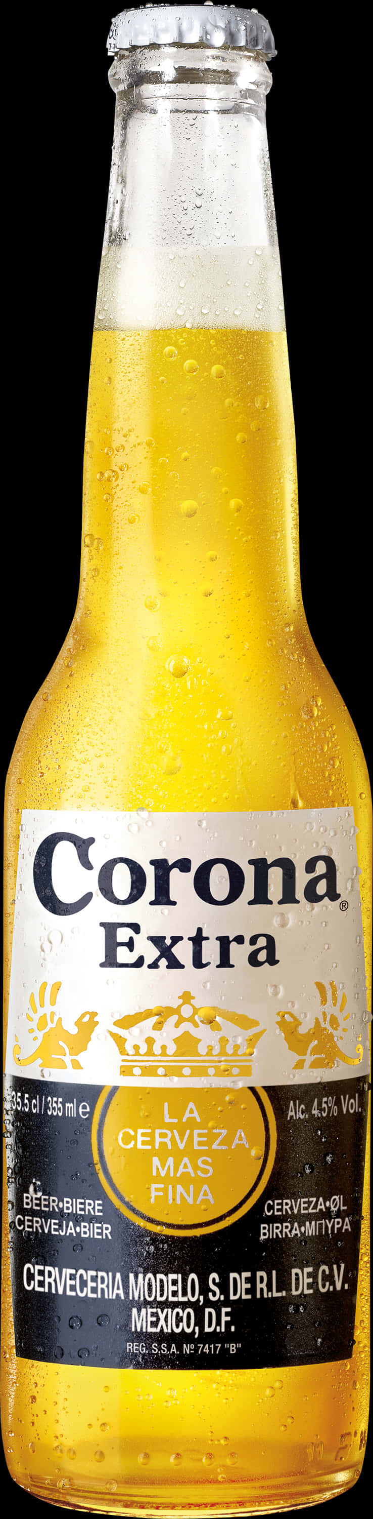 科羅娜特級啤酒瓶 壁紙 — 冰凍的Corona Extra啤酒瓶，琥珀色玻璃表面凝結著閃爍的水珠，襯托在純黑背景上。