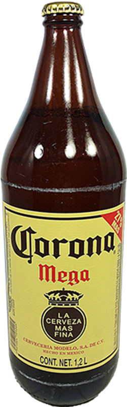 科羅娜超級啤酒瓶 壁紙 — 一個高身棕色玻璃樽的Corona Mega啤酒，帶有黃色標籤和金色瓶蓋，背景為白色。