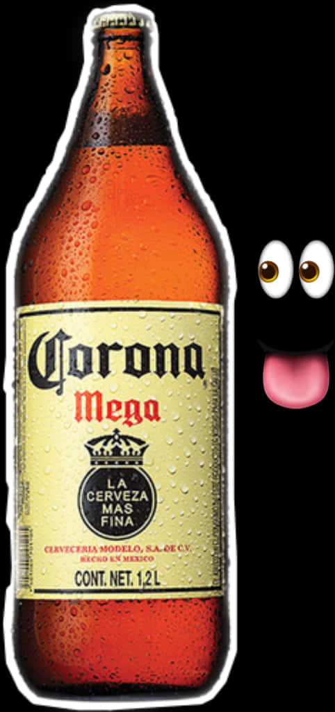 科羅娜超級啤酒瓶卡通臉 壁紙 — 冰凍的Corona Mega啤酒瓶，帶有冷凝水，側面有一個卡通臉孔在黑色背景上偷看。