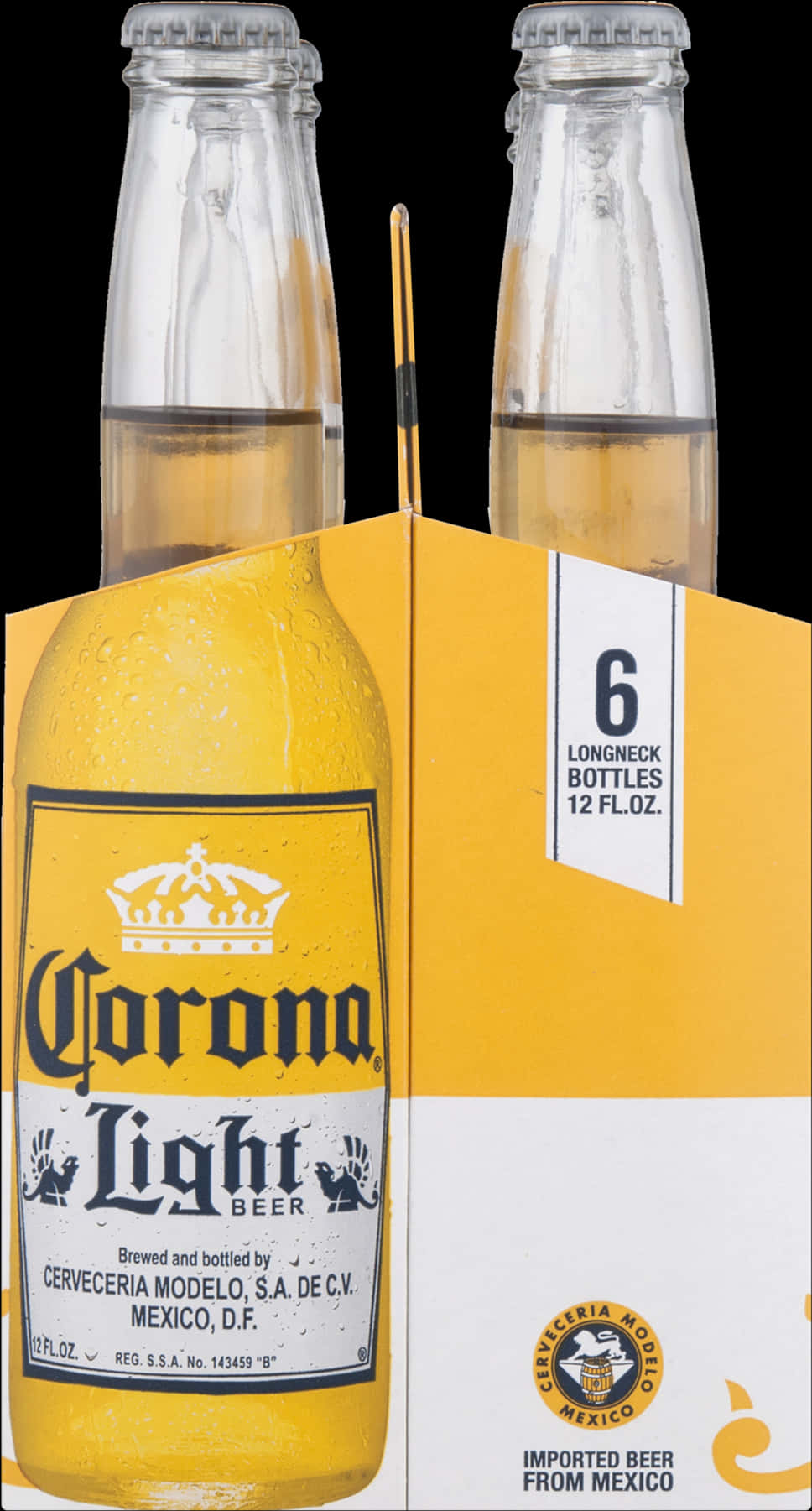 科羅娜輕啤酒六瓶裝 壁紙 — 六罐裝Corona Light啤酒瓶，玻璃上凝結水珠，黑色背景。