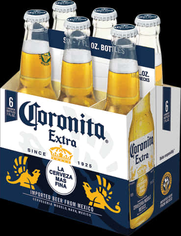 科羅尼塔特級啤酒六瓶裝 壁紙 — 六瓶金色Corona Extra啤酒玻璃瓶放在有品牌的紙板托架上，背景為黑色。