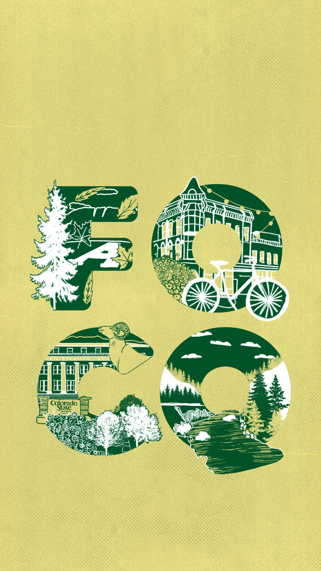 綠色插圖字母 F O C O，每個字母內有白色校園生活場景。
