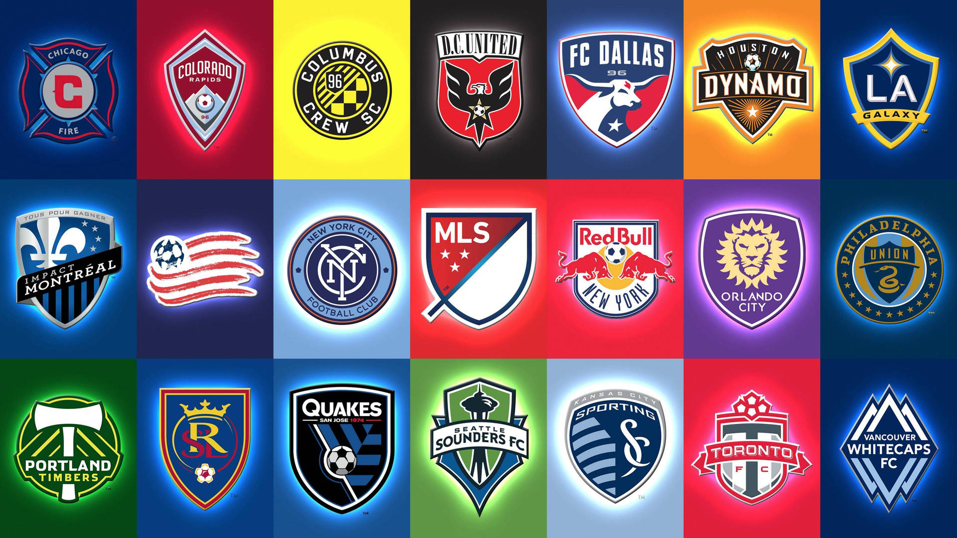 Major League Soccer 球隊標誌網格，帶有發光霓虹效果。