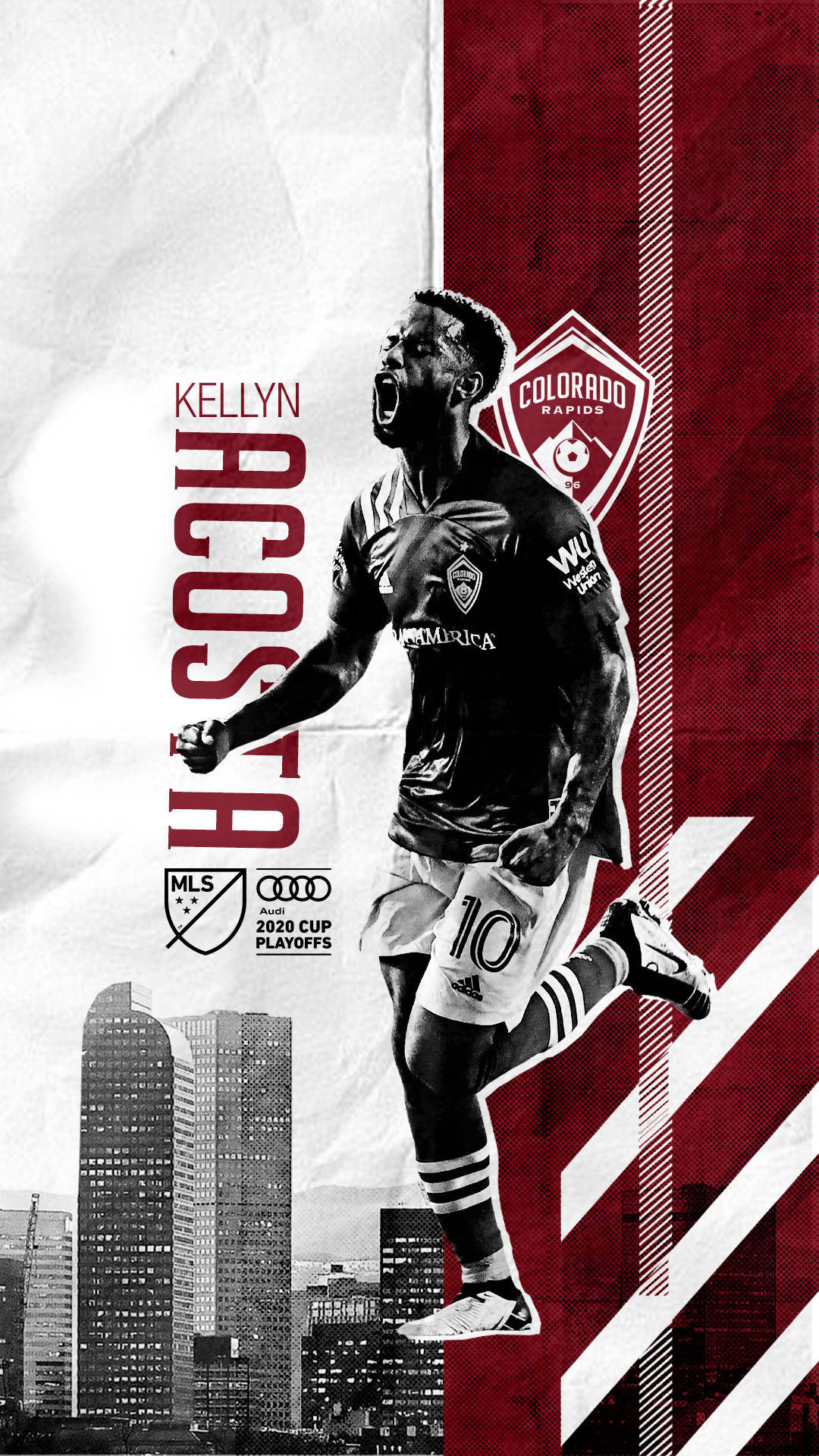 足球運動員 Kellyn Acosta 在城市天際線前慶祝，帶有球隊標誌和季後賽品牌。