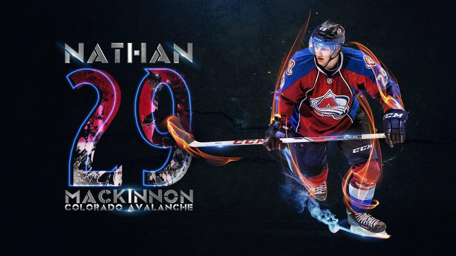 冰球運動員 Nathan MacKinnon 在火焰效果和球隊標誌下行動。