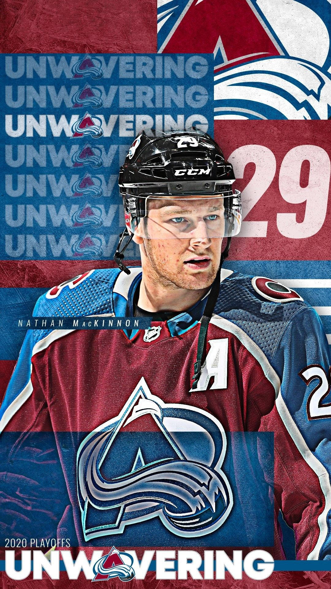 Nathan MacKinnon 身穿科羅拉多雪崩隊球衣，背景為「UNWAVERING」文字。