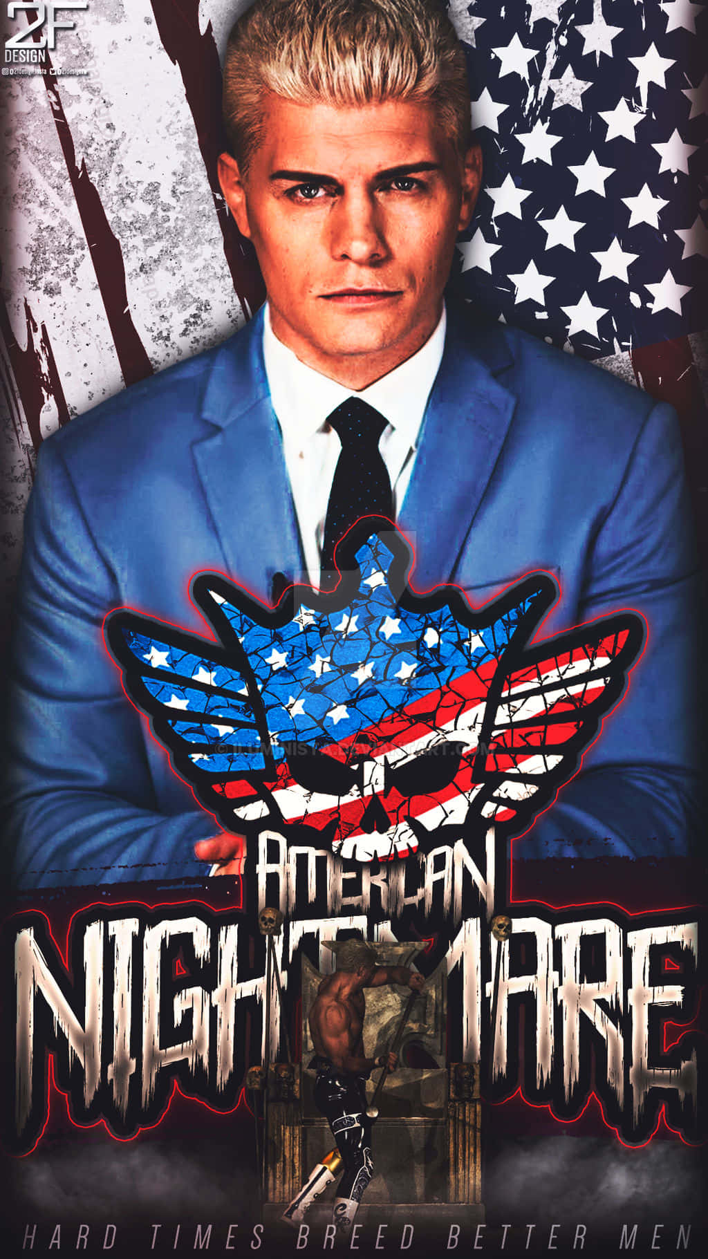 穿藍色西裝的摔角手，美國國旗骷髏標誌和「American Nightmare」文字。