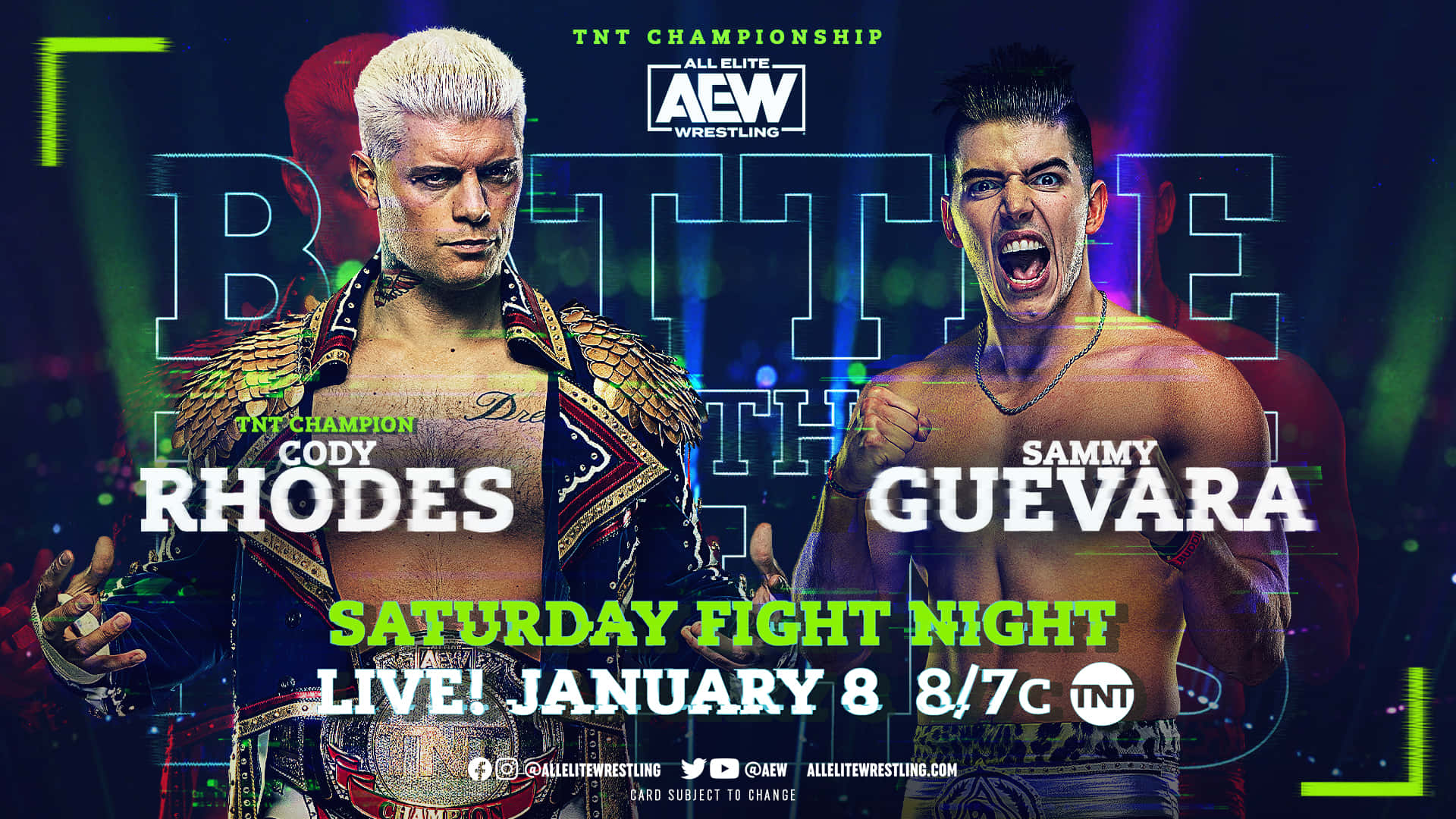 摔角手 Cody Rhodes 和 Sammy Guevara 在霓虹燈照亮的冠軍賽海報中。