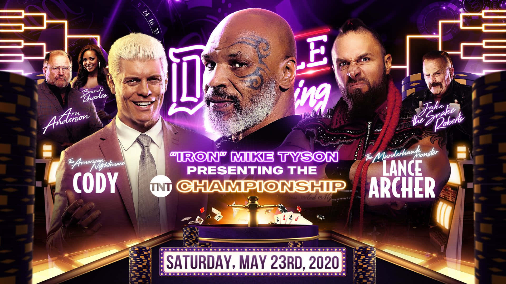 霓虹燈下的摔角錦標賽活動海報， featuring Mike Tyson 和 Lance Archer。