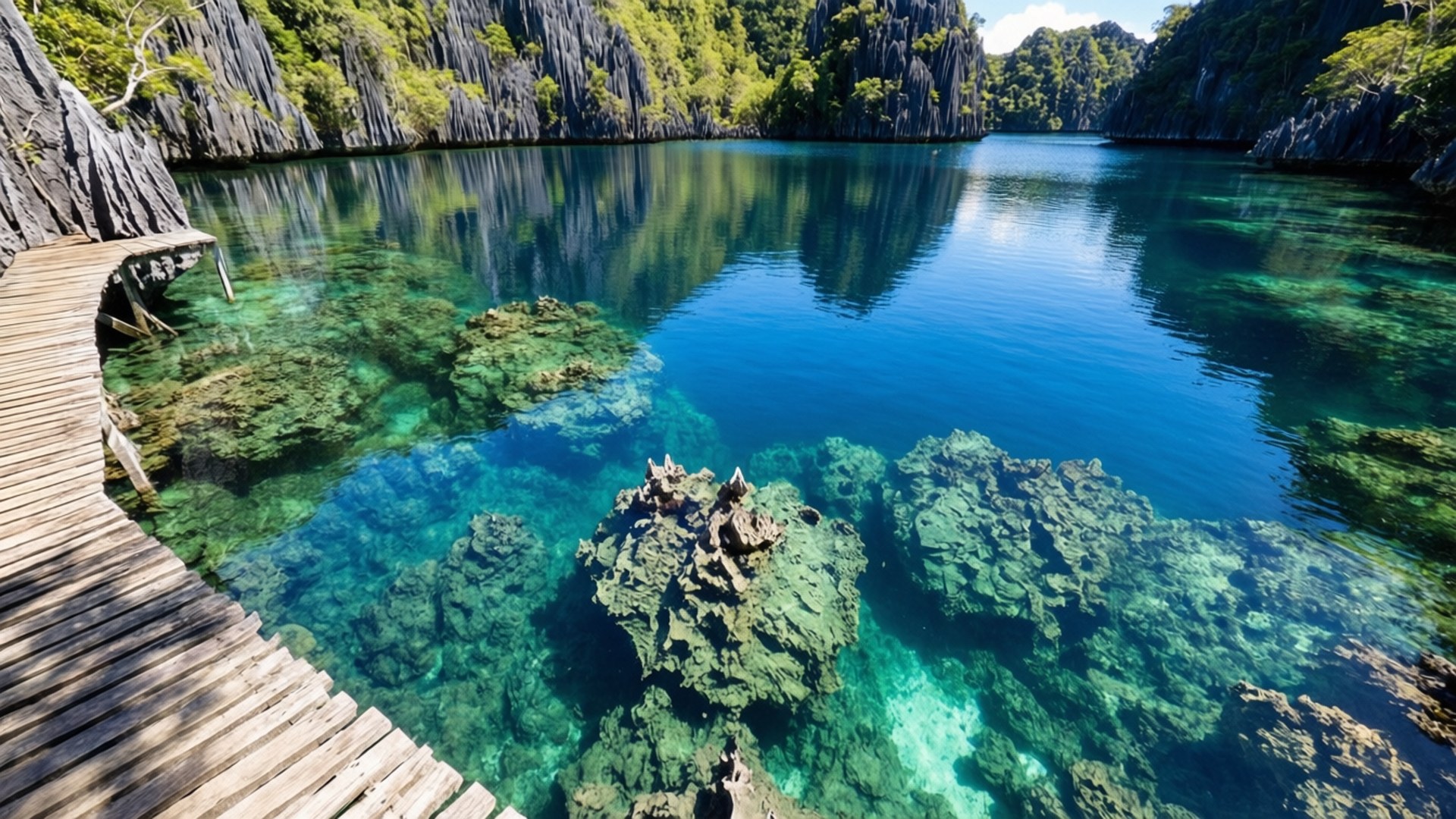 木製木板路彎曲穿過清澈碧綠的海水，可見珊瑚和高聳的綠色懸崖。