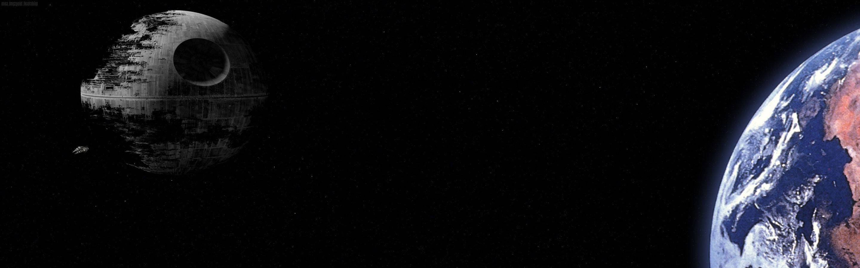 死星漂浮在地球附近的太空中，背景有星星