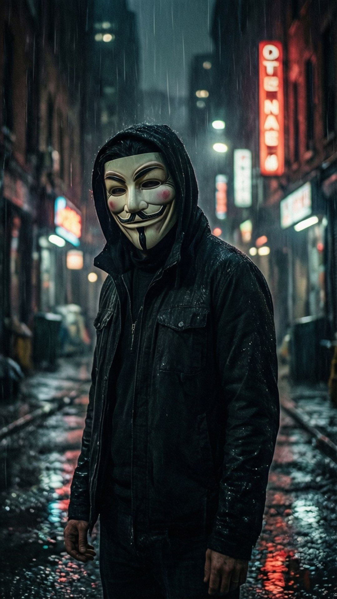 在雨天的城市小巷中戴著蓋伊·福克斯面具的人，霓虹燈牌在濕漉漉的人行道上反射