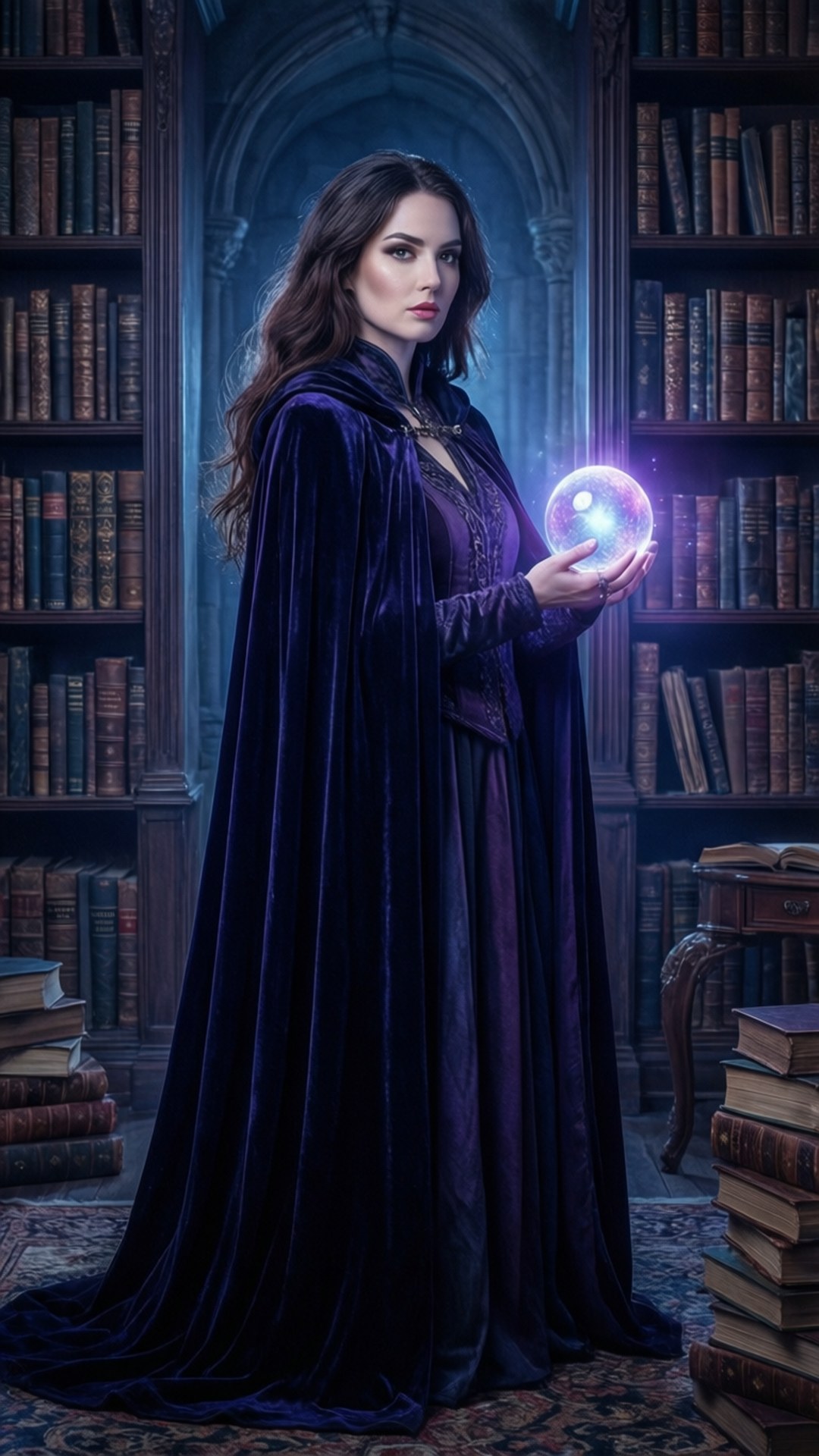 秘書館 壁紙 — 一位身穿深紫色天鵝絨長袍的女性，在一個光線昏暗、充滿古籍的哥德式圖書館中，手持一顆發光的水晶球。