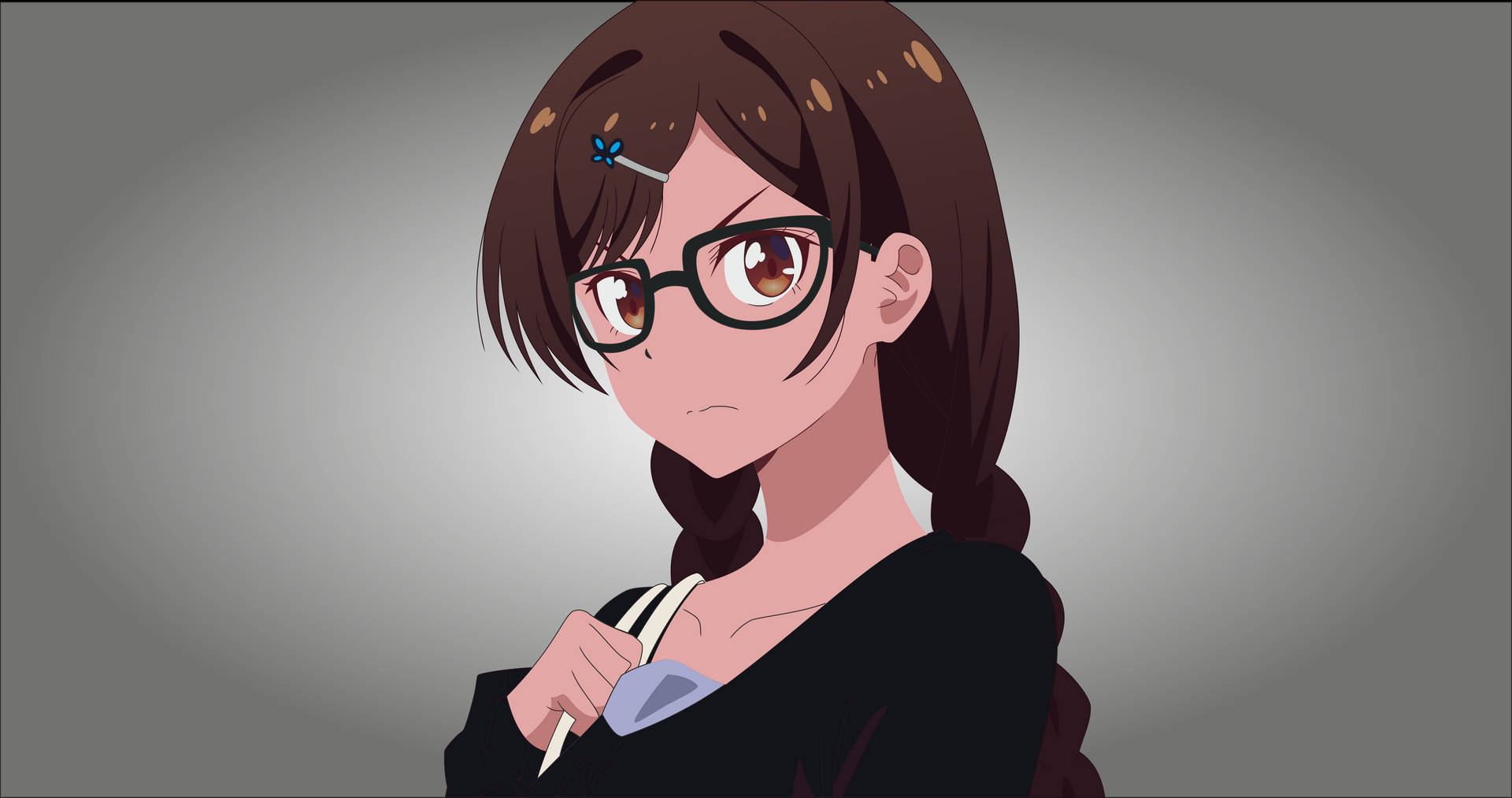 戴眼鏡和辮子的動畫女孩將筆靠近衣領。