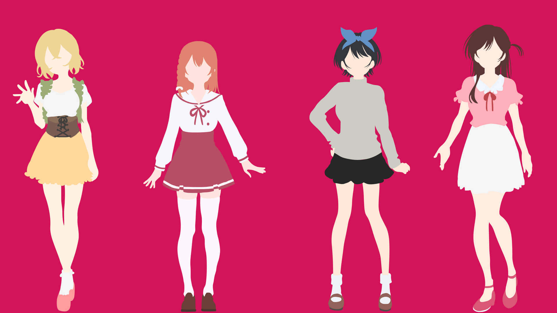 四個動漫風格女孩穿著不同服裝站在粉紅色背景前。