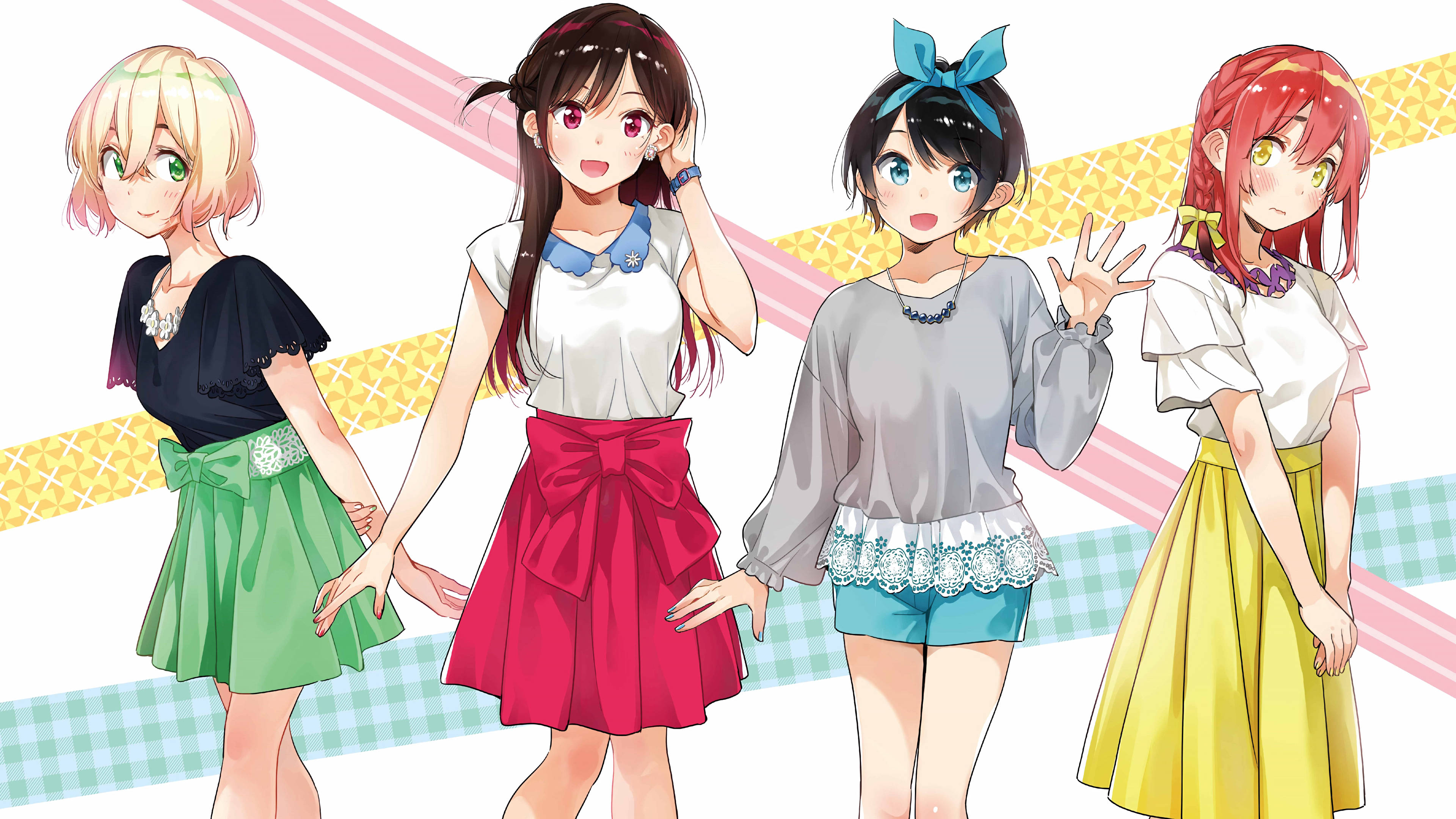 租借女友角色群像 壁紙 — 四個開心的動畫女孩穿著色彩繽紛的服裝，手牽手站在充滿活力的幾何背景前。