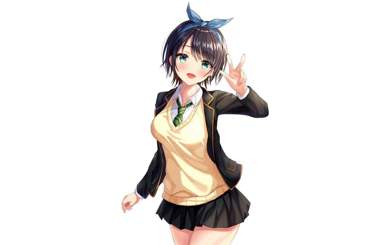 戴藍色蝴蝶結的動漫女學生比出和平手勢。