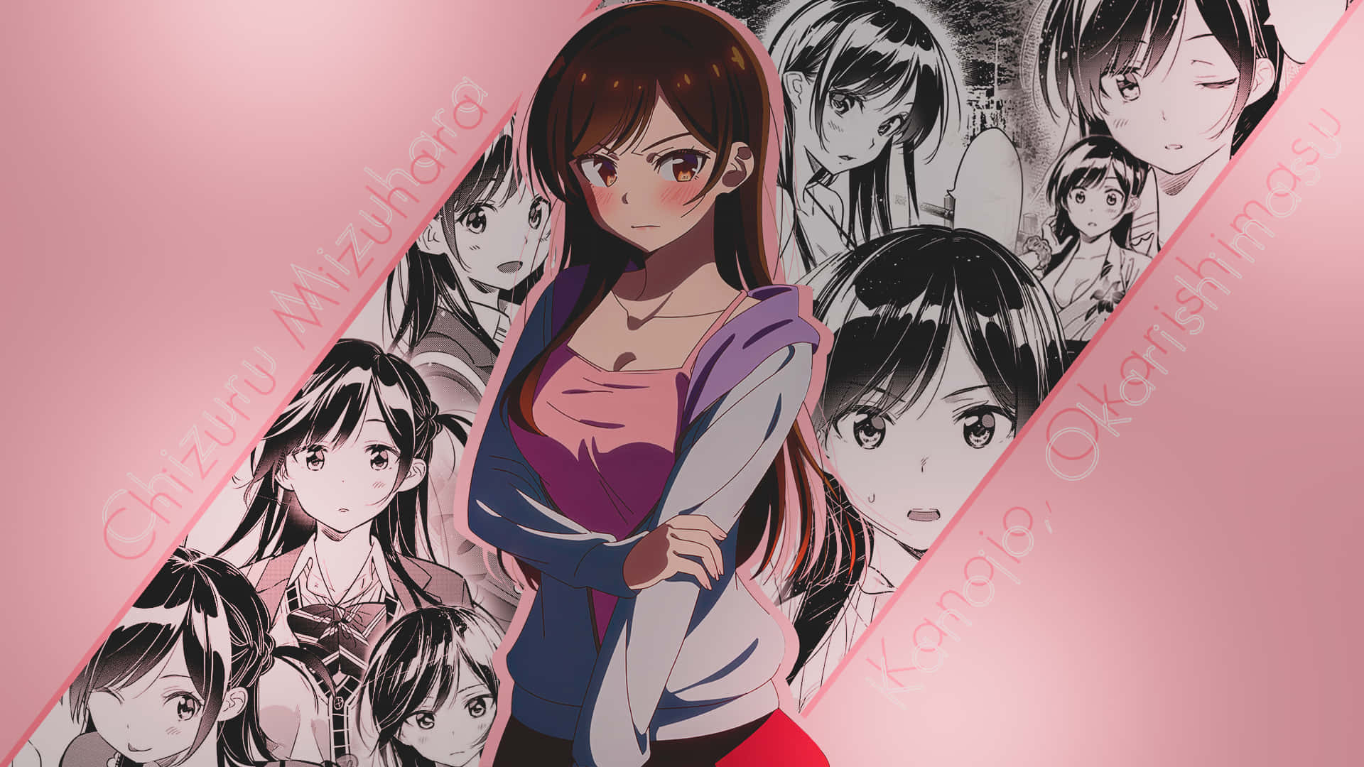 棕色頭髮的動漫女孩穿著彩色服裝，在粉紅色背景上被黑白角色肖像包圍。
