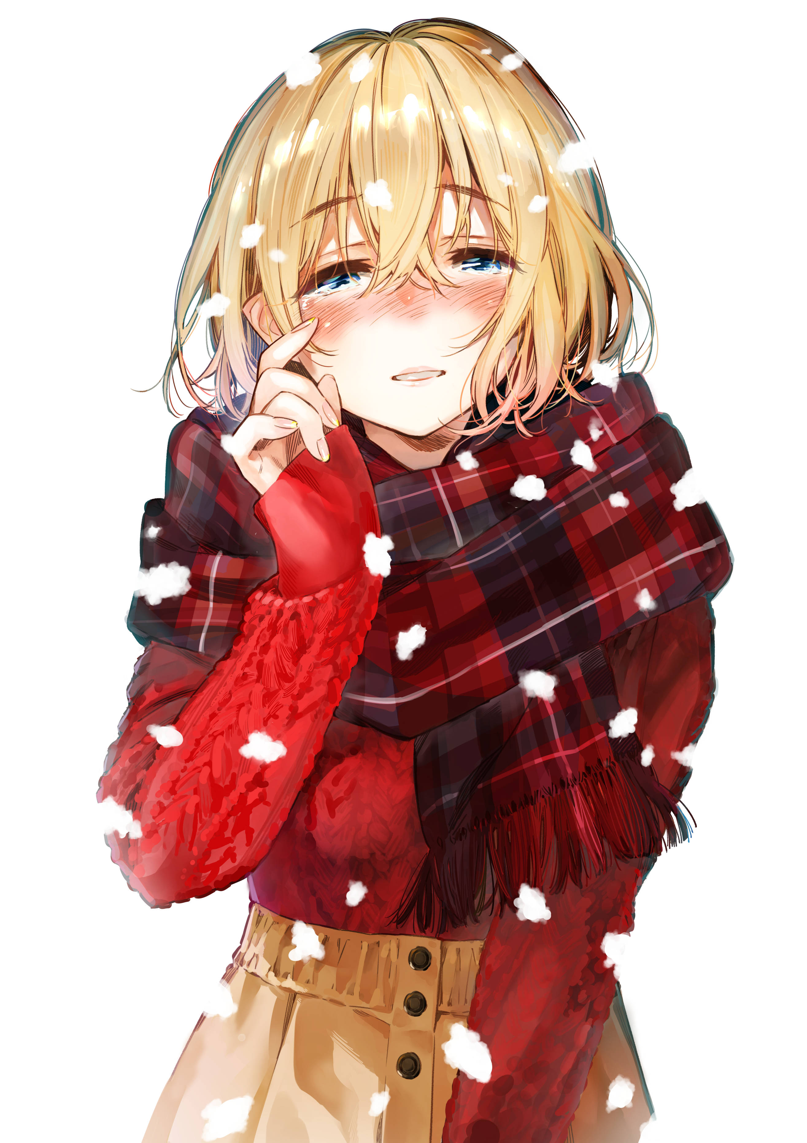 《租女友》Mami 冬季造型 壁紙 — 一個開朗的動漫女孩，金髮藍眼，穿著紅色毛衣和格子圍巾，雪花飄落，她溫柔地微笑。