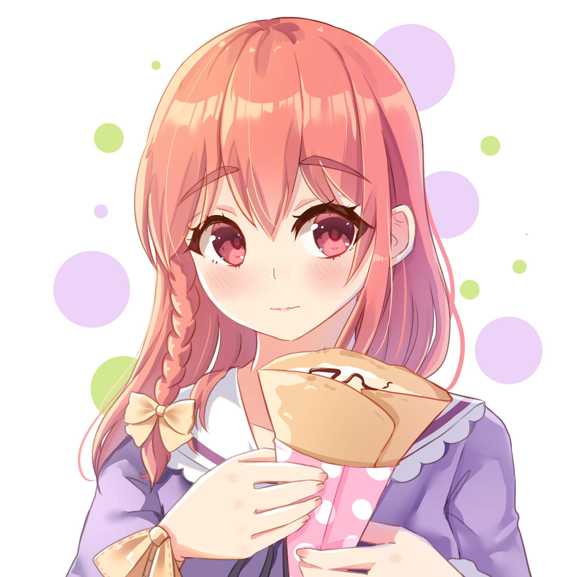《租女友》動畫角色櫻澤澄美 壁紙 — 一個開心的動漫女孩，粉紅色頭髮編成辮子，拿著包好的糕點，背景是柔和的粉彩圓點圖案。