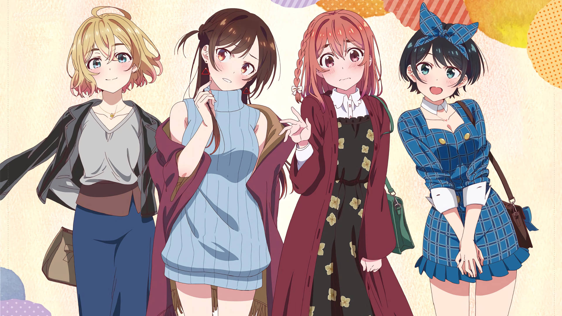 《租女友》四位女主角 壁紙 — 四個動漫女孩穿著色彩繽紛的服裝，在粉彩圓點背景前愉快地擺姿勢。
