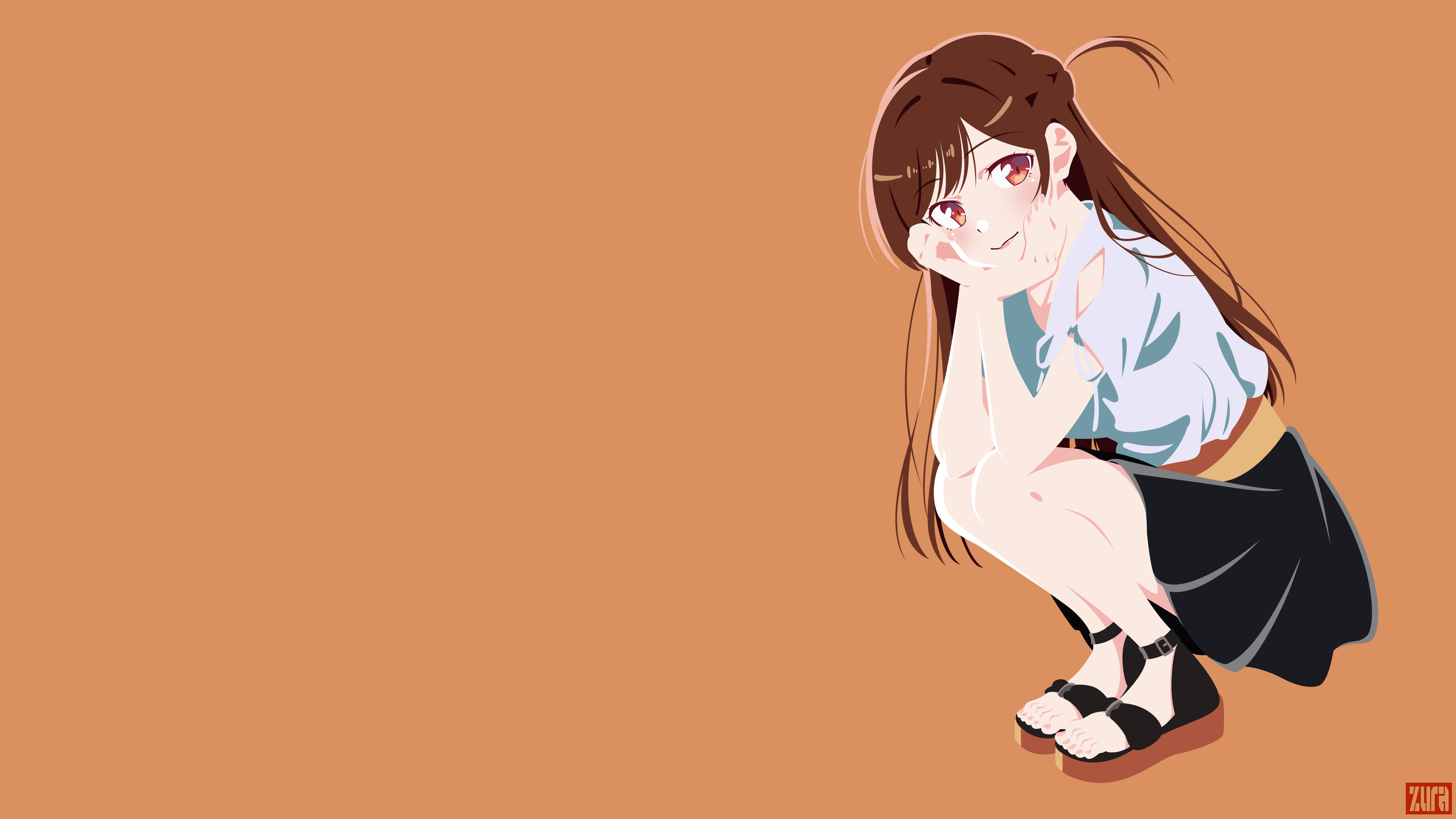 租女友系列角色Chizuru 壁紙 — 一個開心的動漫女孩，棕色頭髮和紅色眼睛，在純橙色背景前頑皮地蹲下。