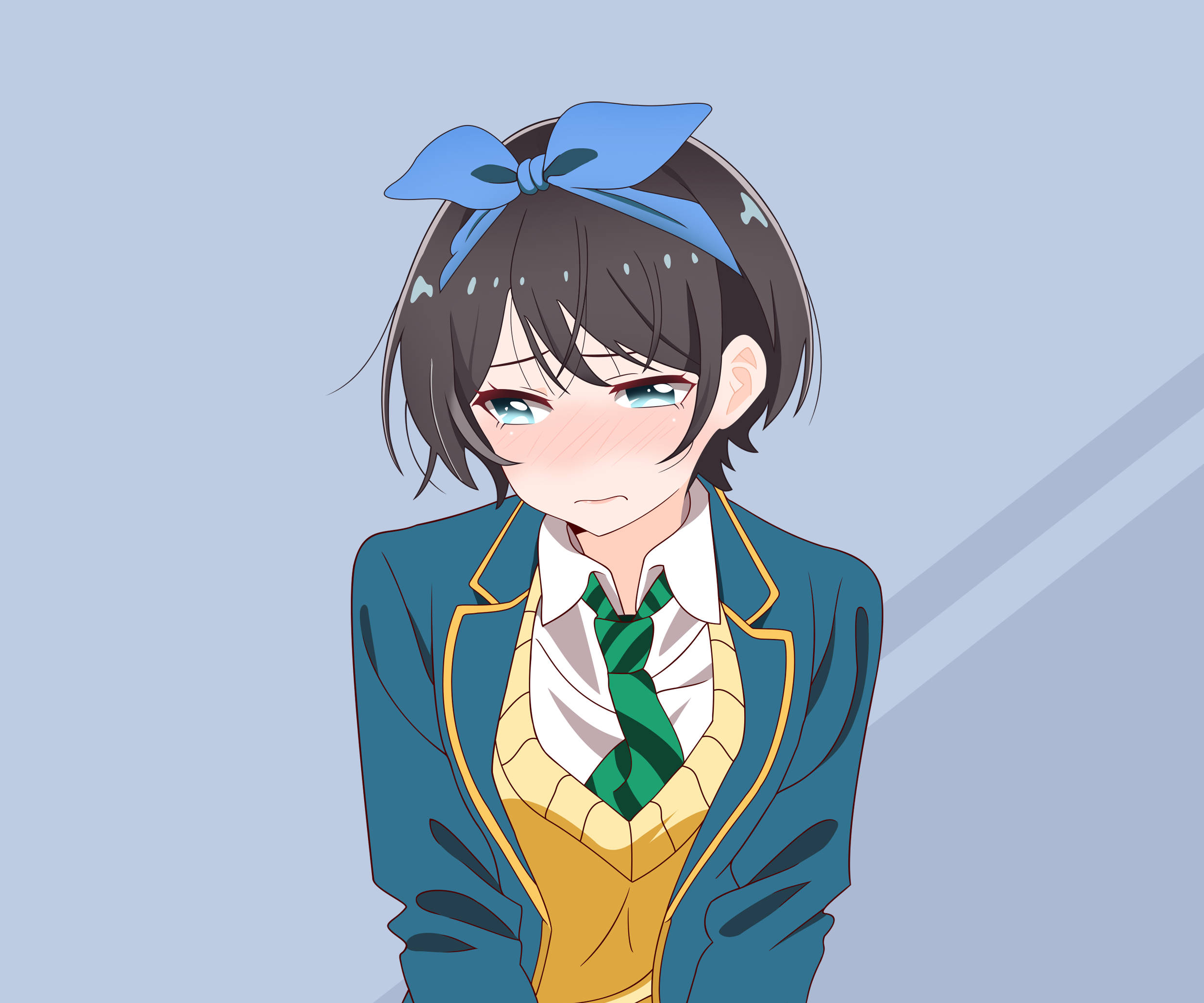 租女友系列角色Ruka Sarashina藝術畫作 壁紙 — 一個可愛的動漫女孩，短黑髮，戴藍色蝴蝶結，穿著綠色領帶的校服，背景是柔和的藍色。