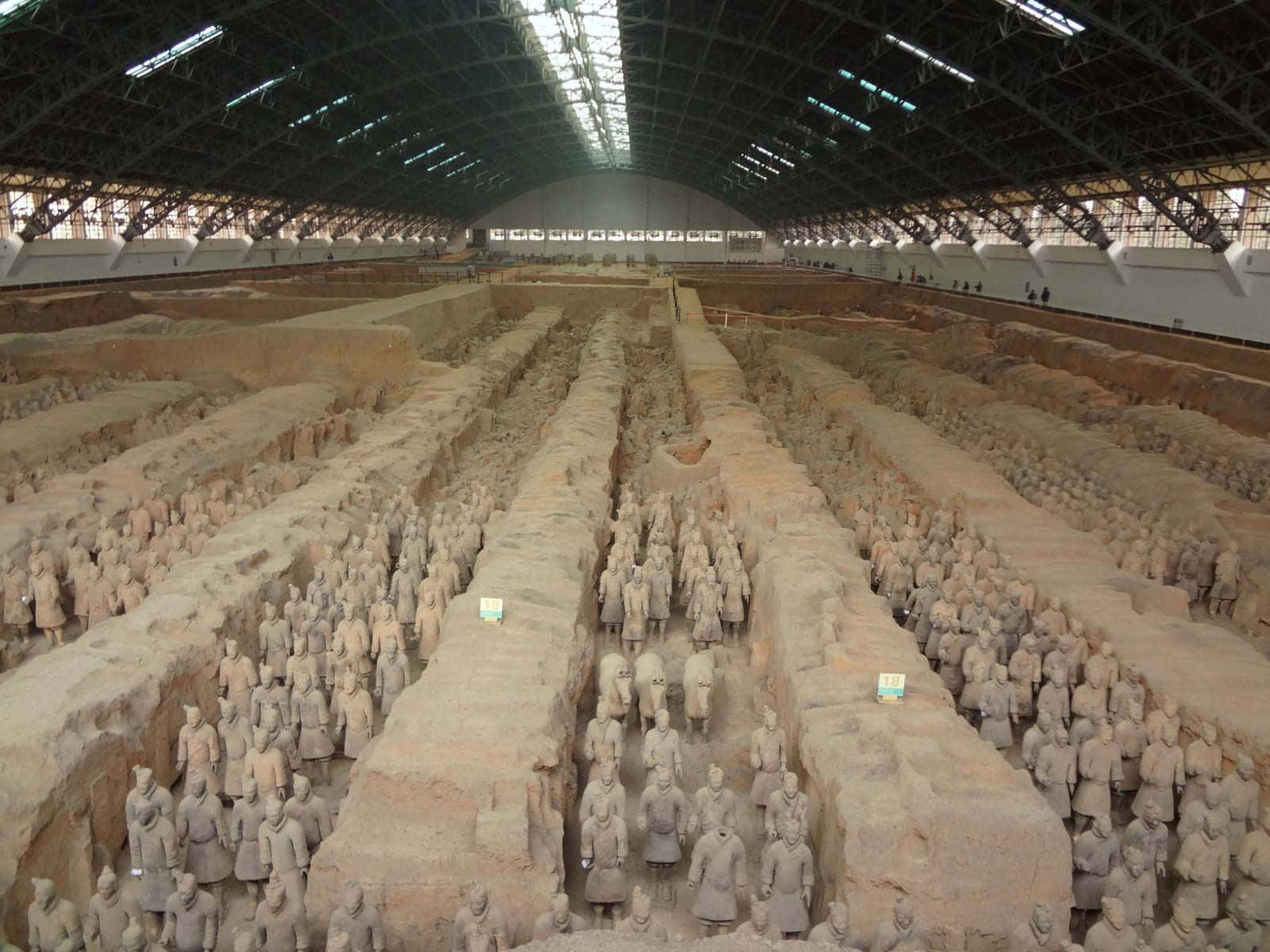 秦俑在其故鄉西安的壯麗風貌 壁紙 — 一排排古老的兵馬俑在廣闊的保護屋頂下以精確的隊形站立在兵馬俑遺址。