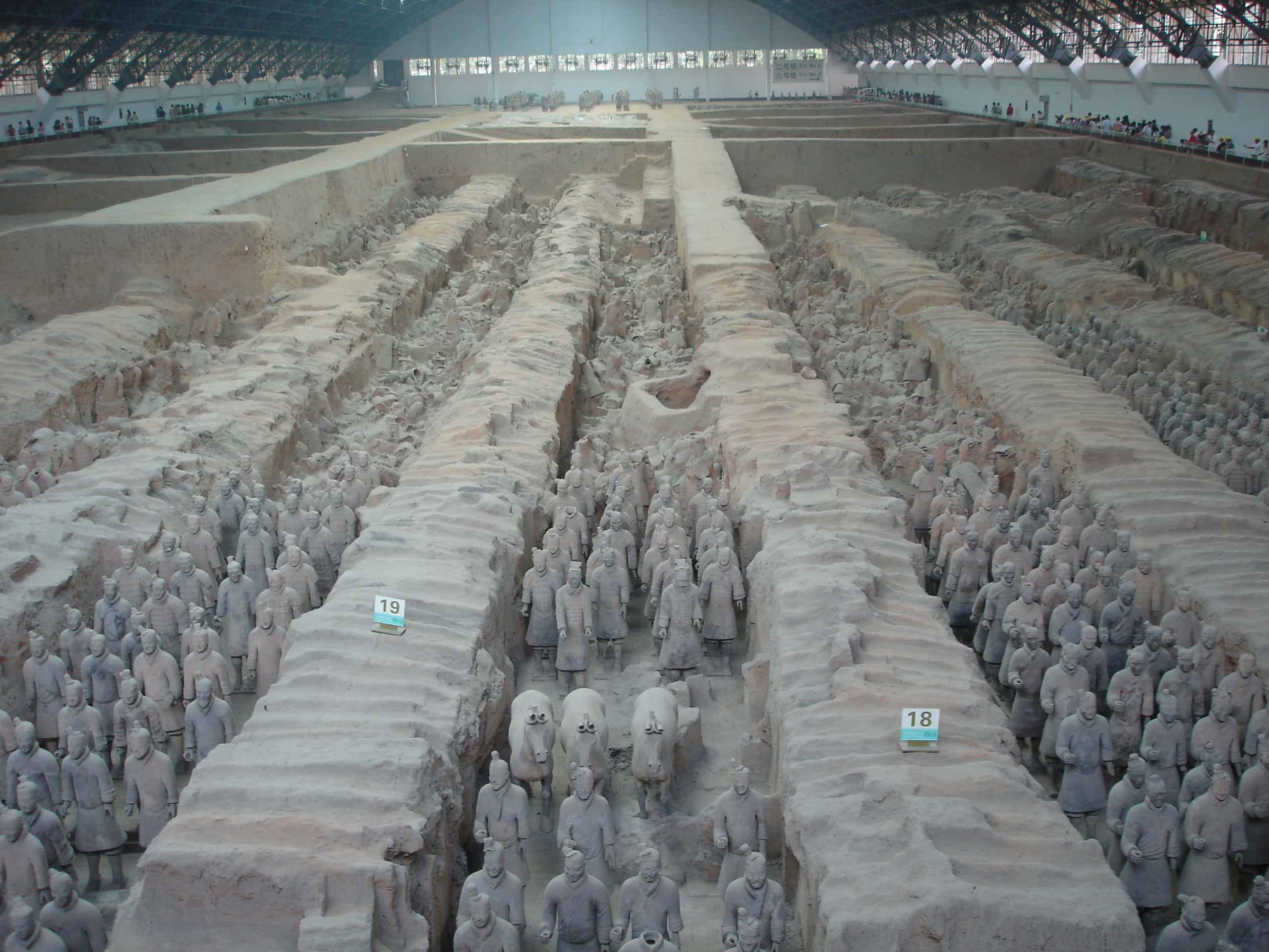 秦俑紀念雕塑博物館內部 壁紙 — 一排排古老的兵馬俑在現代保護屋頂下的廣闊考古發掘現場中列隊站立。