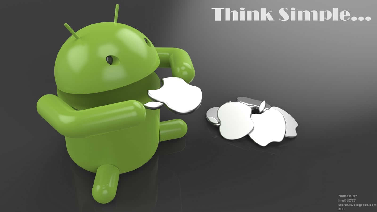 深色反光表面上的銀色Apple標誌與綠色Android吉祥物。