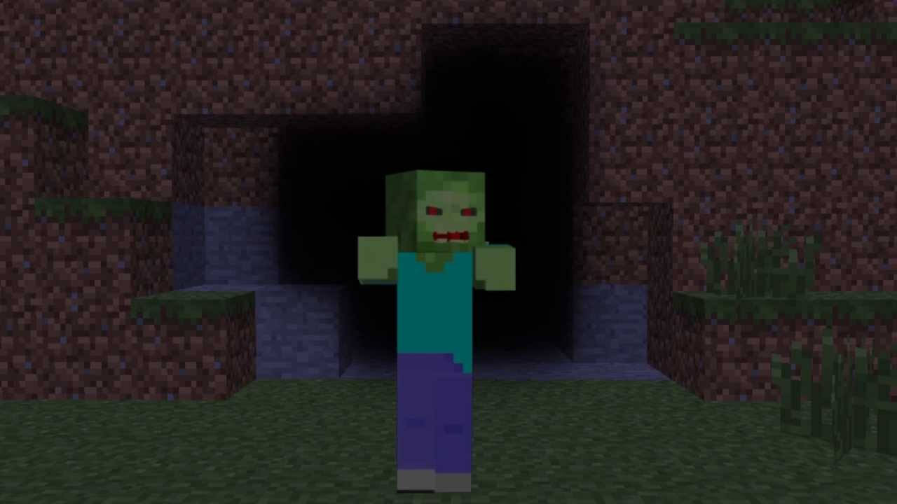 一個Minecraft喪屍站在一個像素化世界的黑暗洞穴入口。
