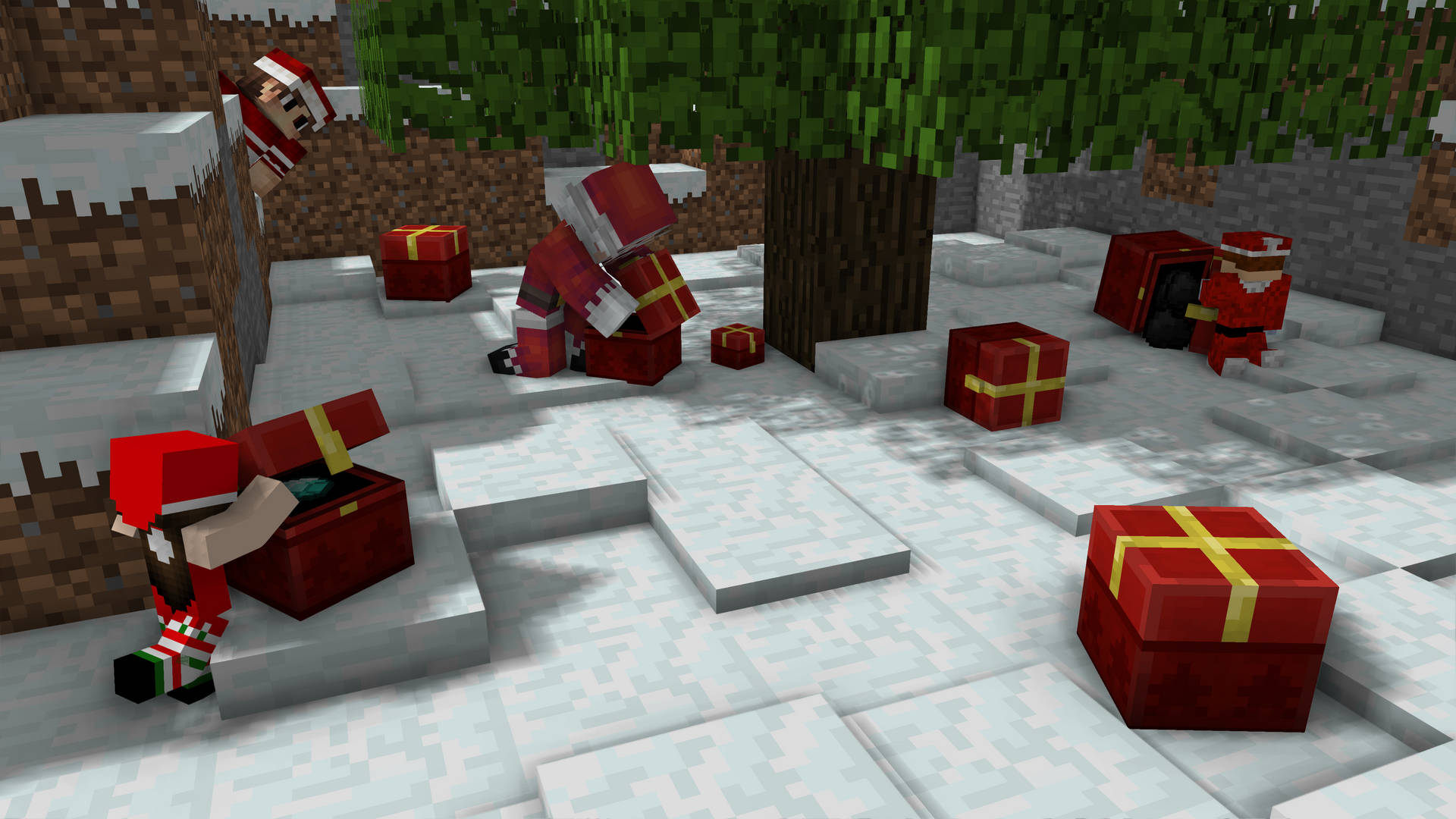 聖誕老人角色在雪地Minecraft森林中打開禮物盒。