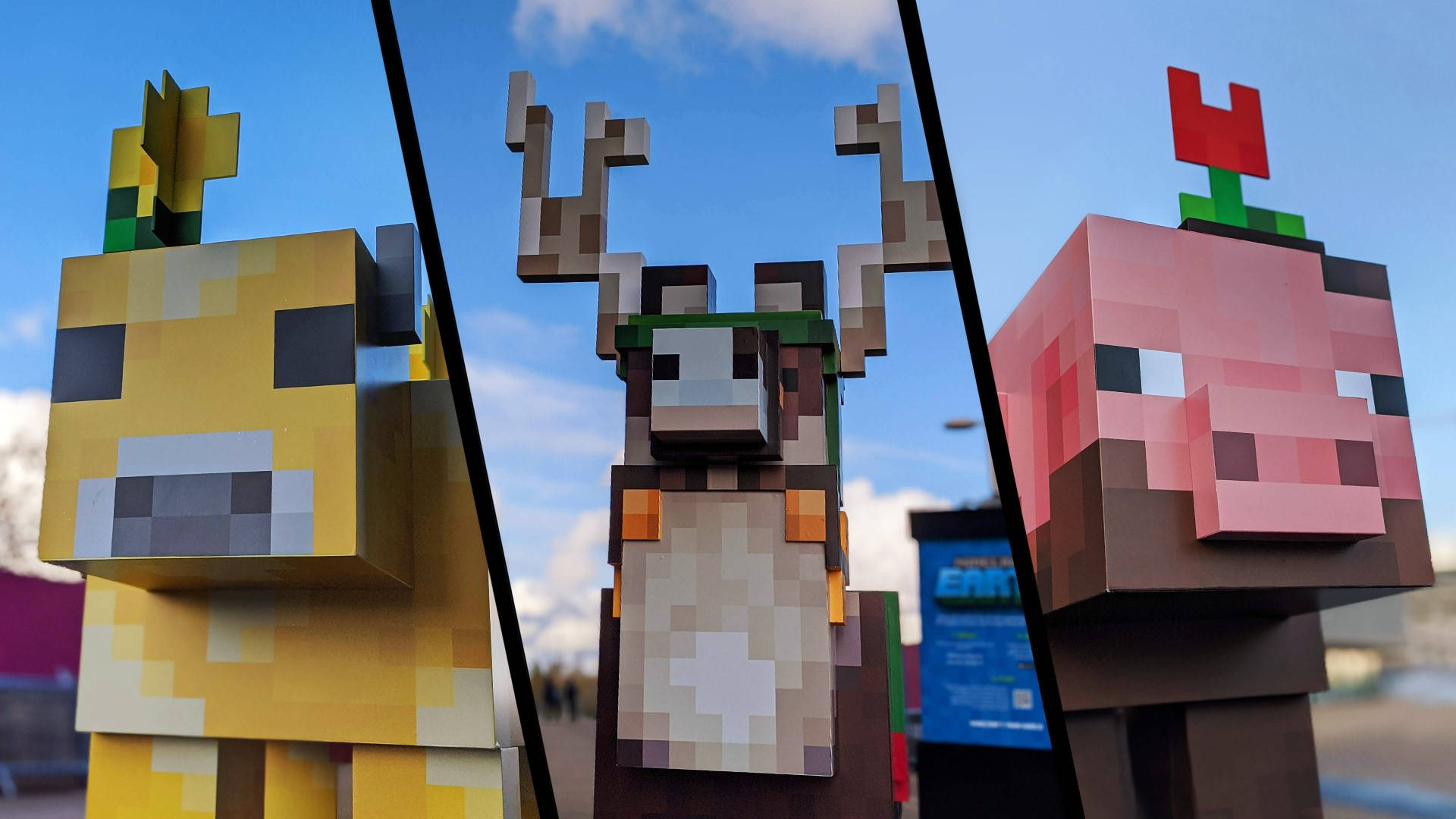三個Minecraft風格的巨大像素角色：牛、鹿和豬，在戶外站立。