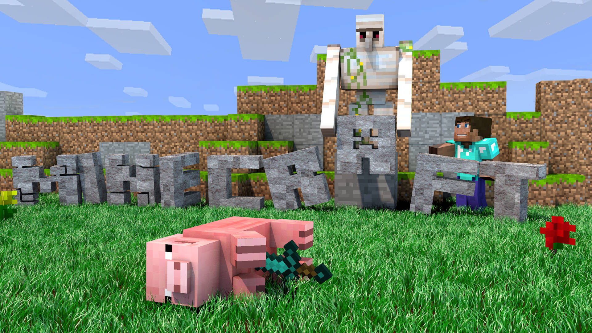 Minecraft玩家手持劍，站在豬和骷髏旁邊的草地上。