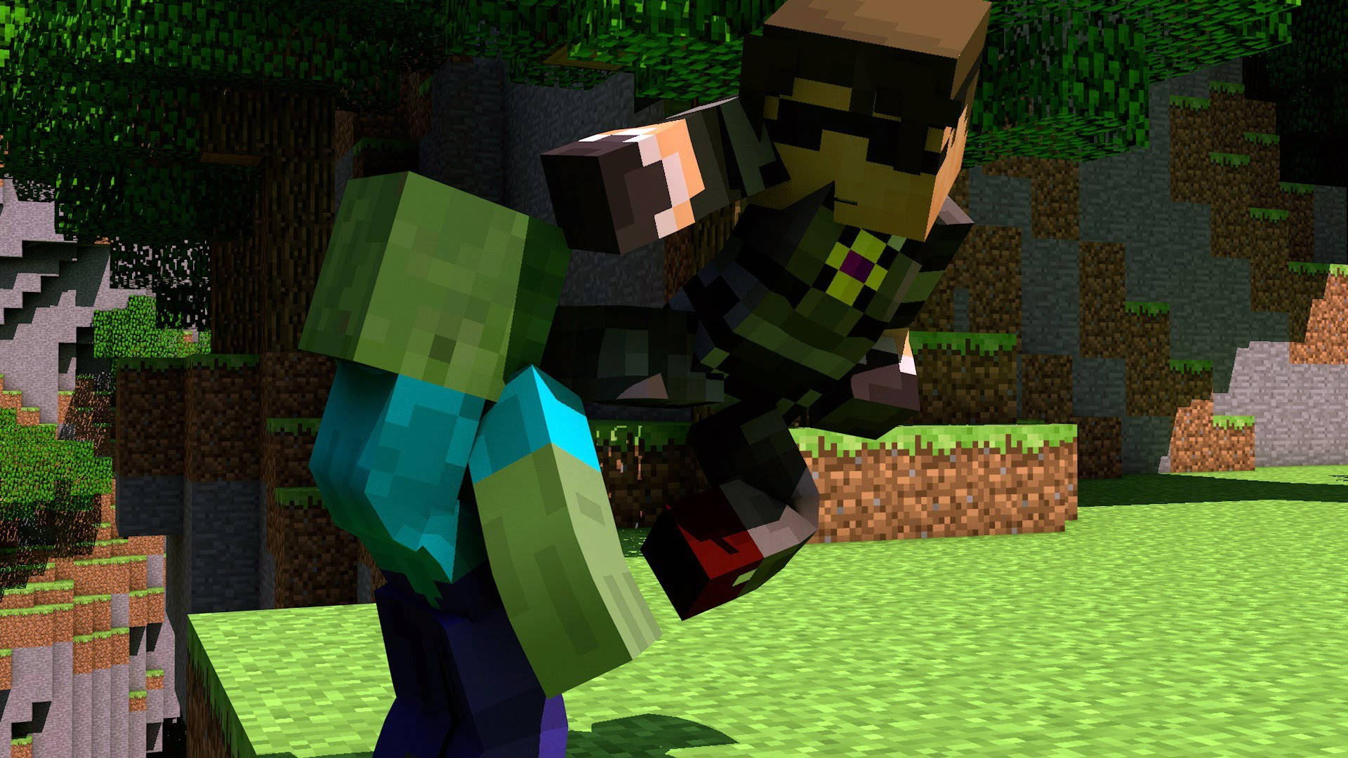 兩個Minecraft角色在像素化森林環境中戰鬥。