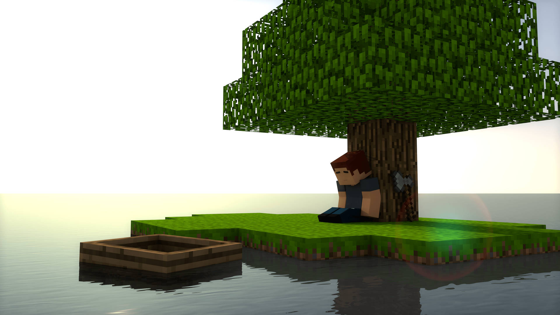 Minecraft角色坐在水中草島上的樹下。