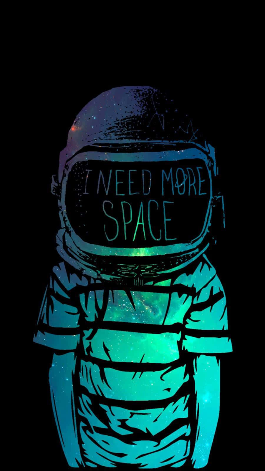 一件發光的太空人太空衣，上面寫著「I NEED MORE SPACE」，背景是星光燦爛。