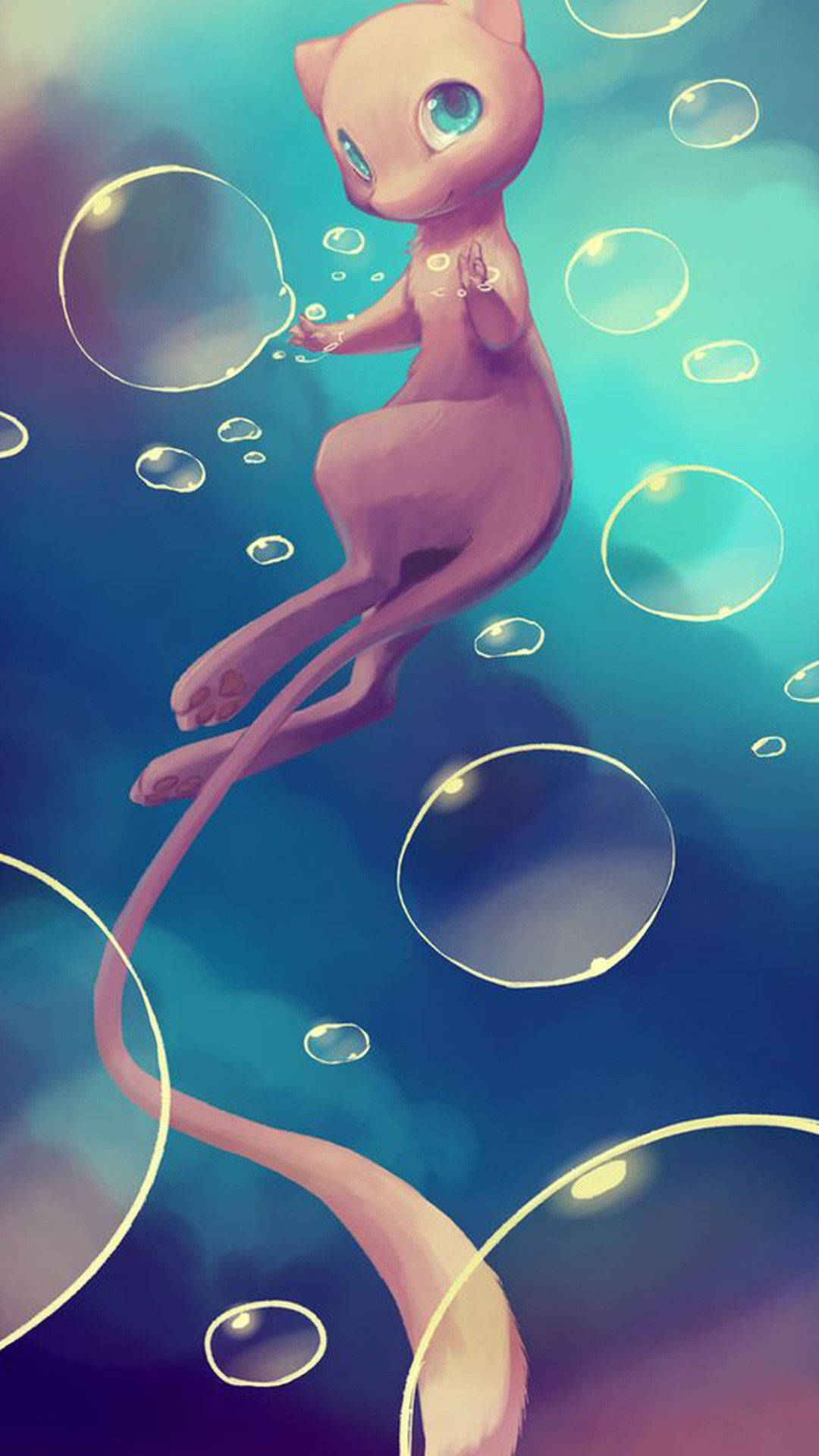 稀有寶可夢 Mew iPhone 壁紙 — 一隻粉紅色動漫貓咪般的生物在夢幻的藍色漸變背景中，於發光的泡泡間平靜地漂浮。