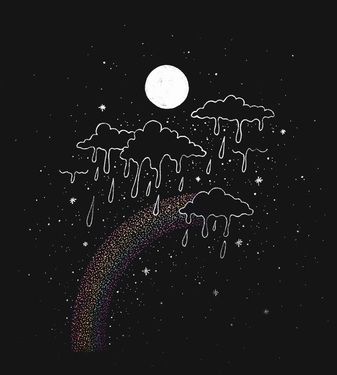 稀有雨雲 壁紙 — 一幅奇特的白色線條畫，描繪了在滿月下，融化的雲朵滴落雨水到閃爍的彩虹拱門上，背景是繁星點點的夜空。