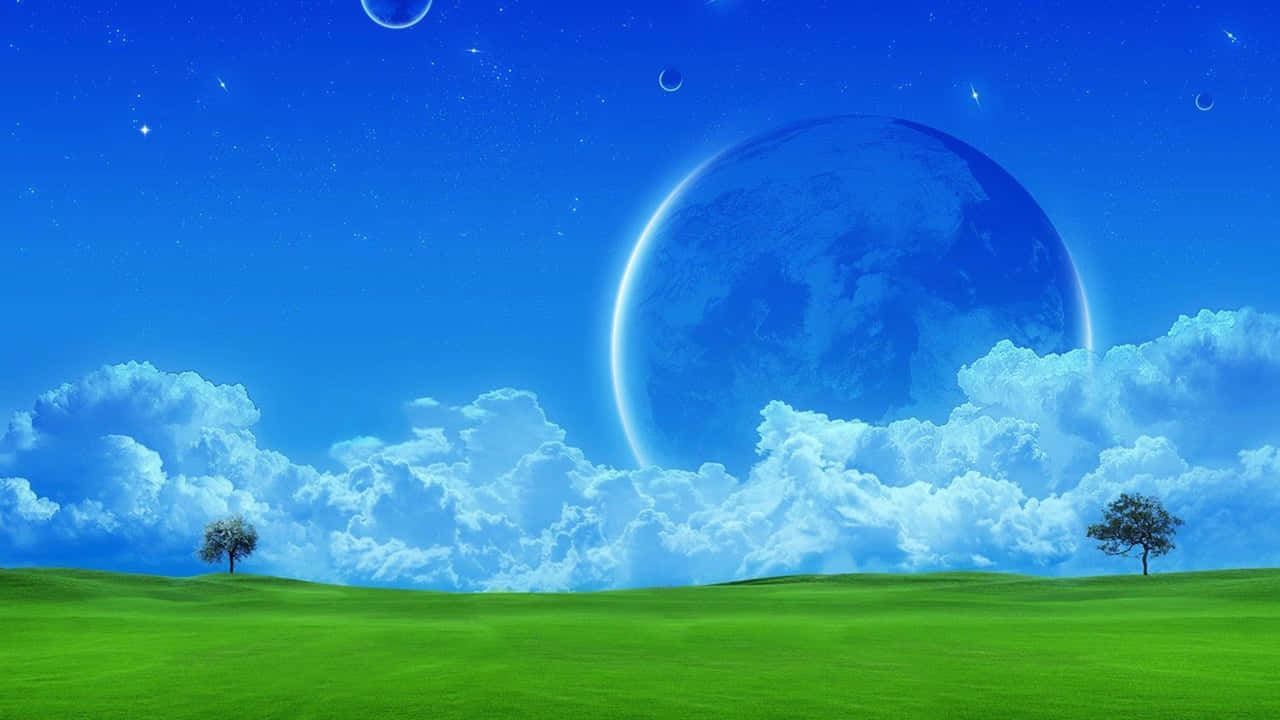 綠色田野，有兩棵樹，天空中有巨大的行星和雲朵。