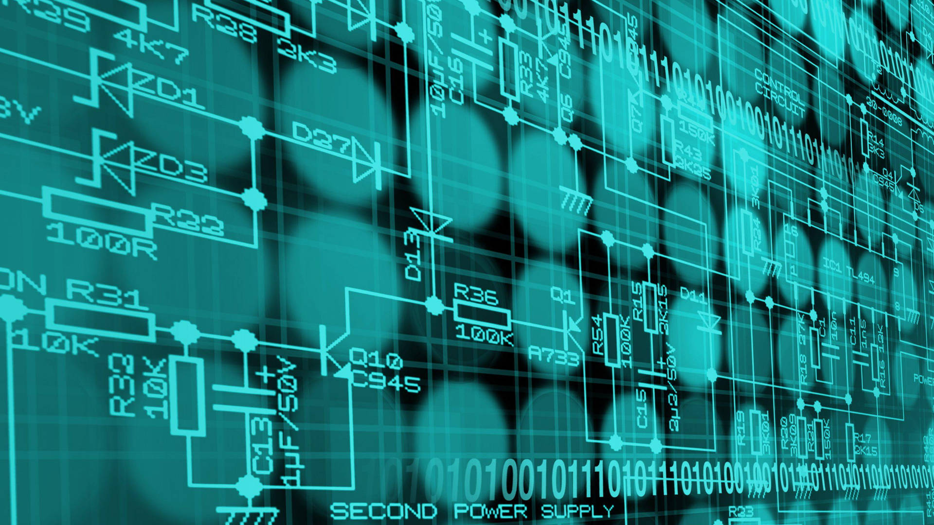 帶有二進制代碼疊加的抽象青綠色數字電路原理圖。