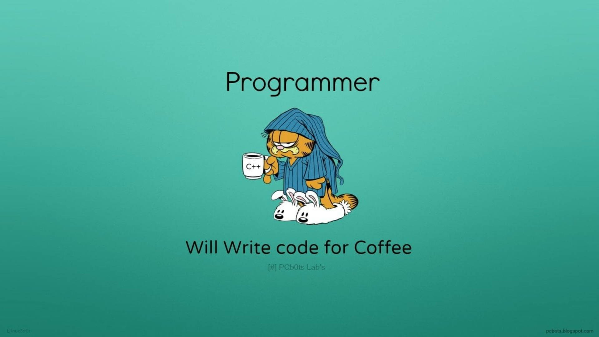 加菲貓穿著浴袍，手持C++咖啡杯，杯上寫著 Programmer Will Write Code for Coffee。