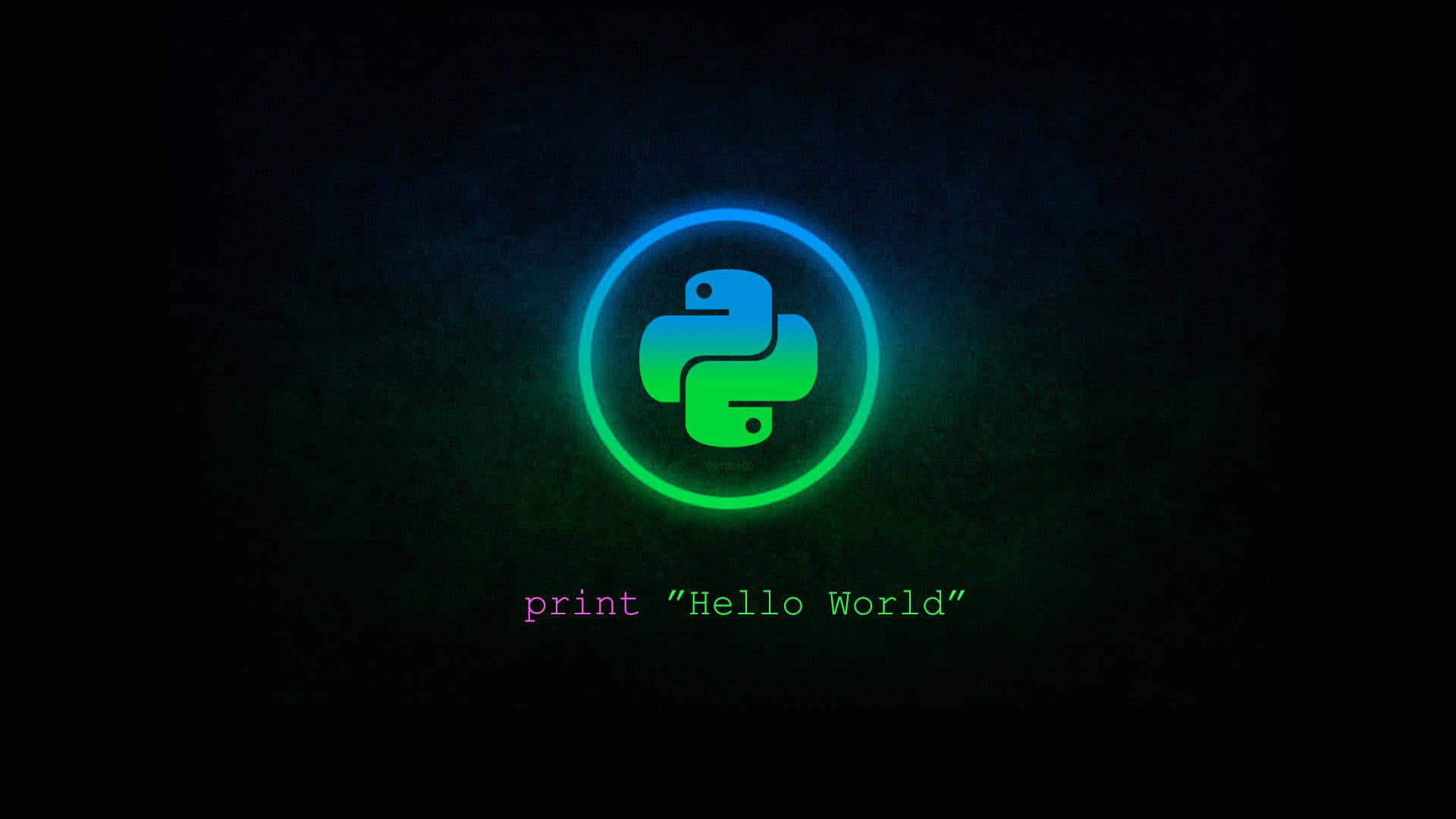 程式碼數位藝術 壁紙 — 一個發光的Python標誌，帶有霓虹藍和綠色調，居中在深色紋理背景上，下方有print Hello World文字。