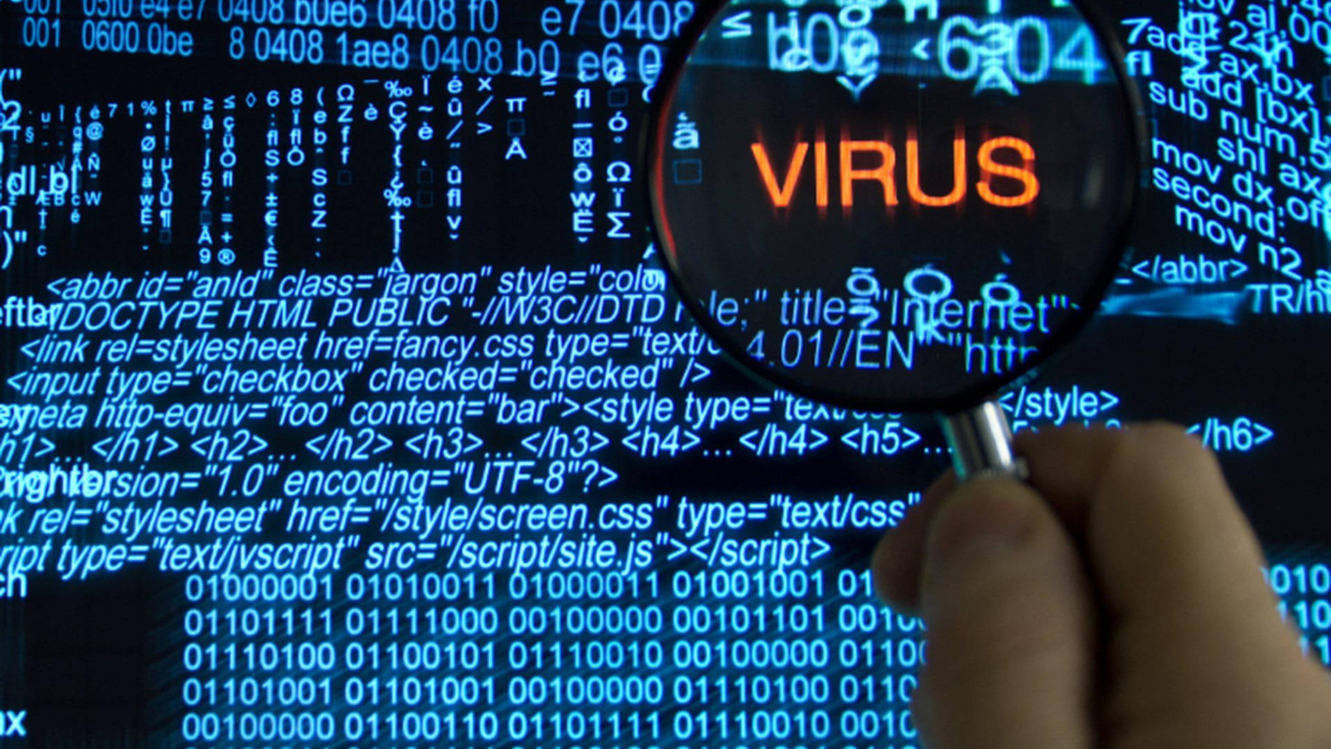 手使用放大鏡檢查發光的數位程式碼，其中 'VIRUS' 被突出顯示。
