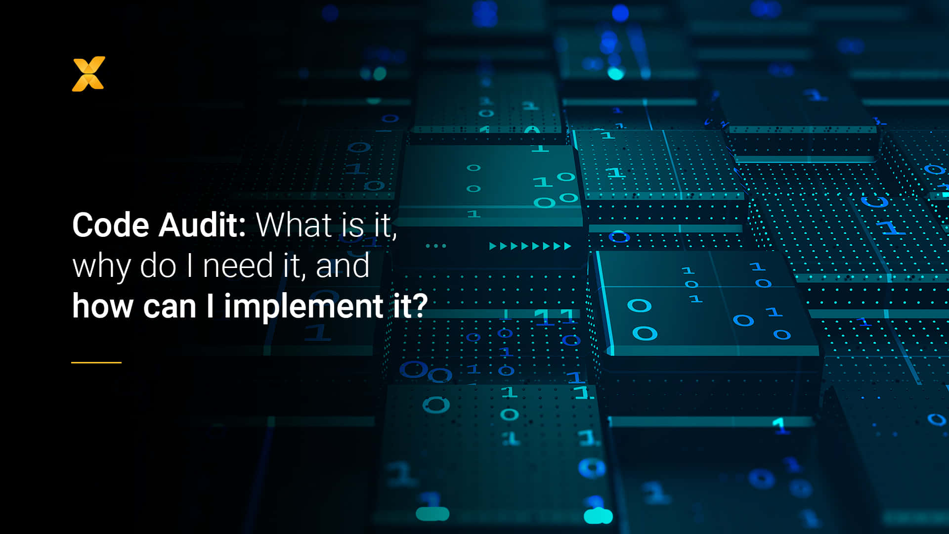 漂浮的數位立方體顯示二進制代碼，並帶有關於代碼審計的文字。