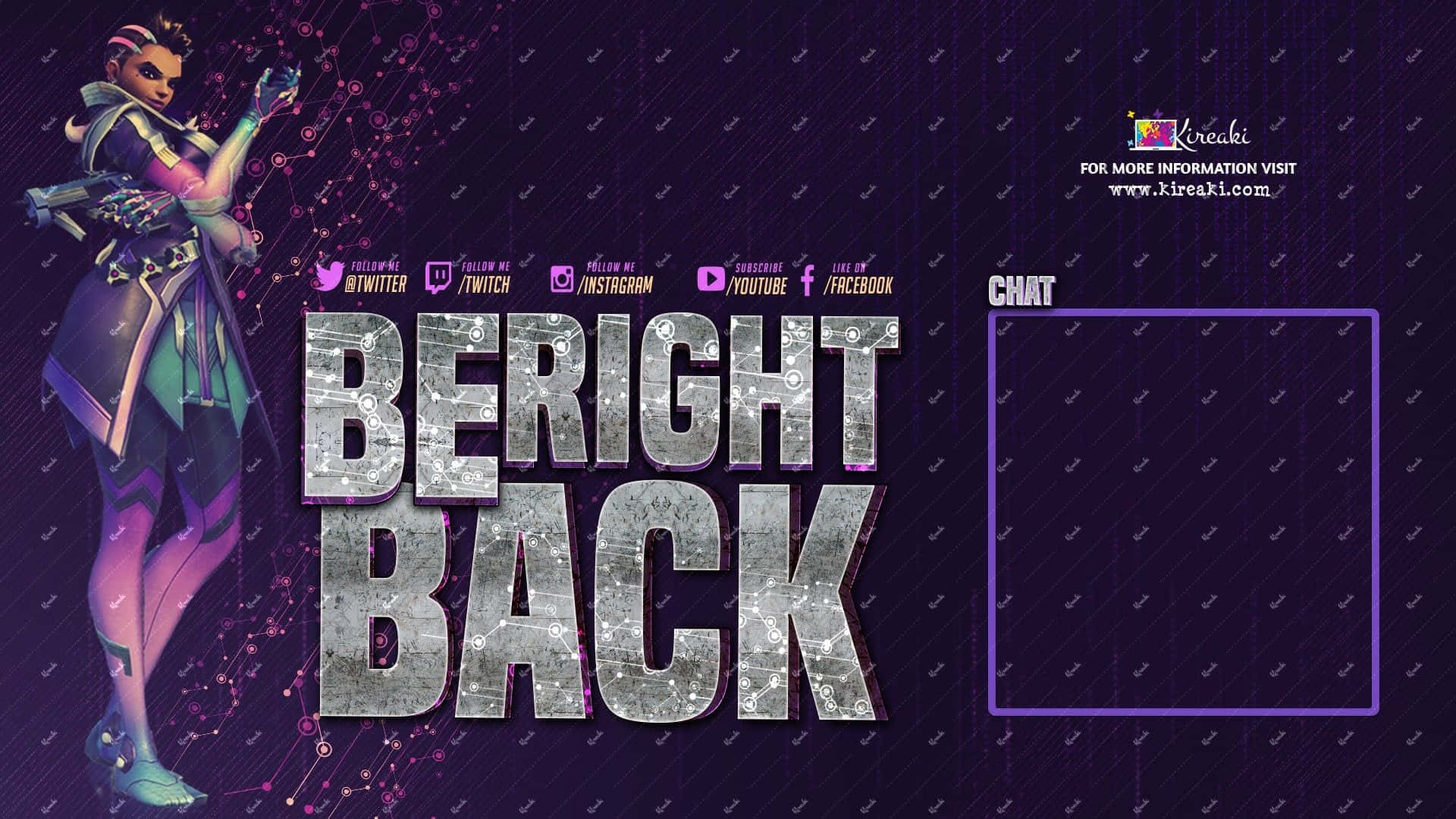 穿著未來裝甲的動漫角色在紫色數位流背景上，旁邊是「BERIGHT BACK」文字。