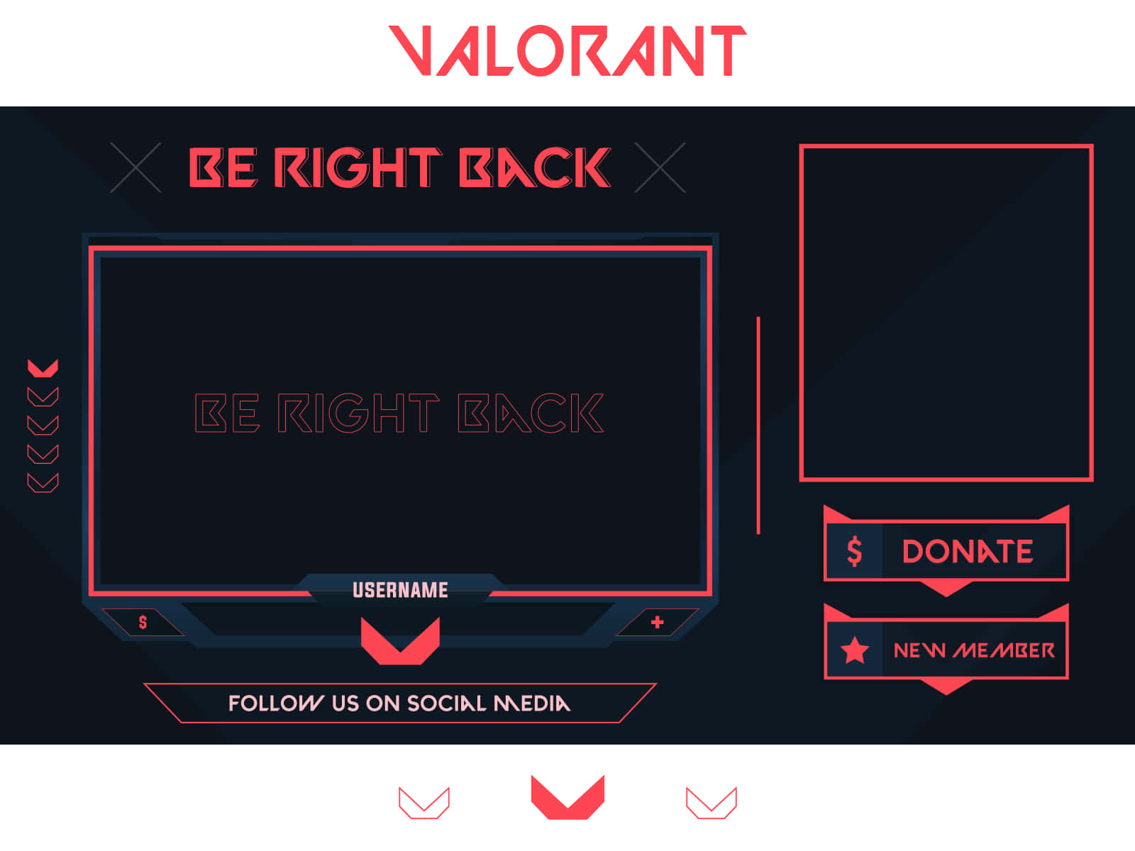 Valorant 遊戲大廳畫面，顯示「Be Right Back」訊息和社交媒體連結。