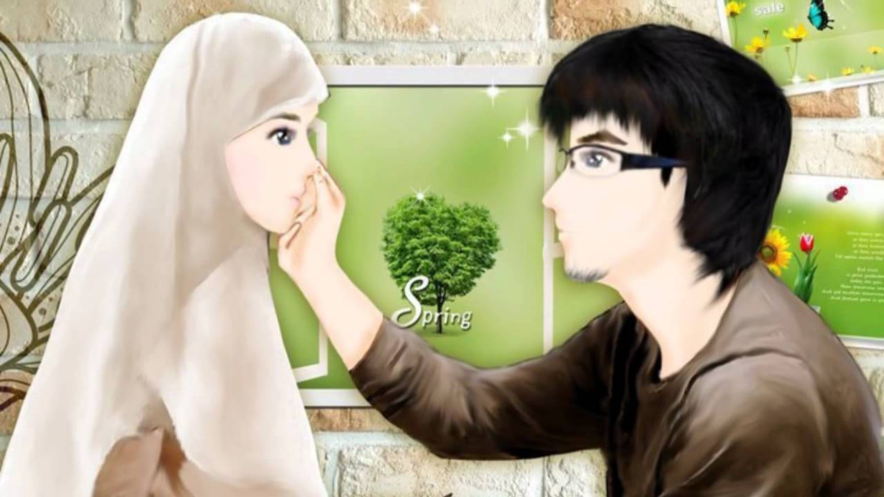 男子在春天主題插畫中輕觸女子的臉頰。