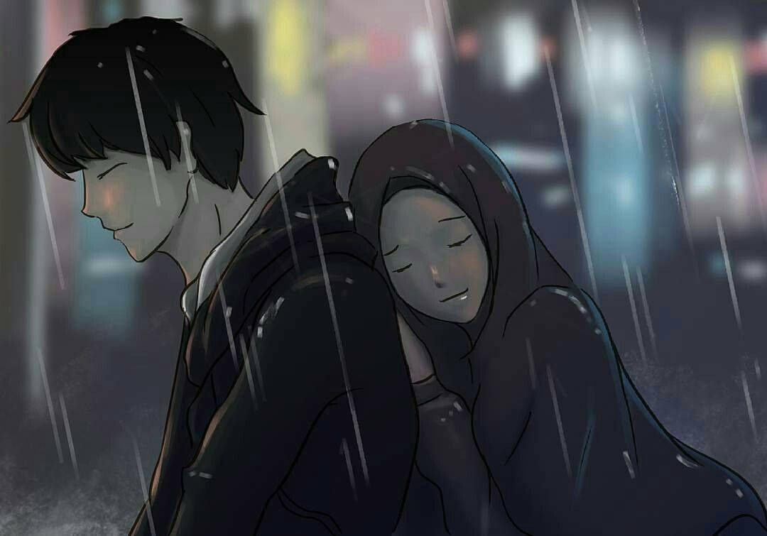 兩個動漫角色在夜晚的城市燈光下於雨中擁抱。