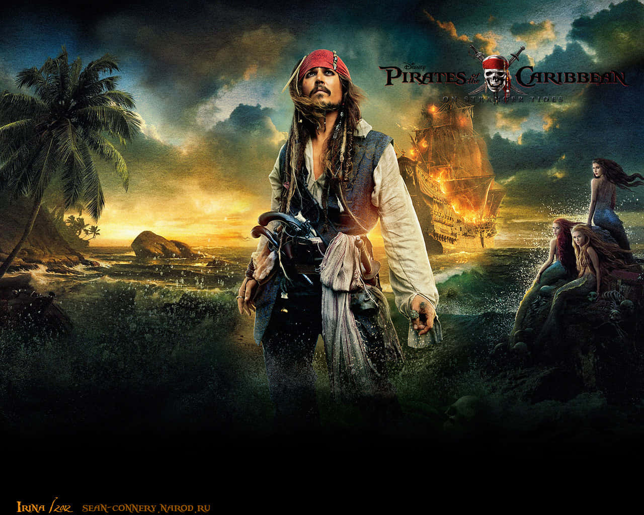 Pirates Of The Caribbean 桌布 壁紙 — 積克船長挑釁地站在風暴肆虐的海岸上，他的船在身後燃燒，美人魚從岩石上觀望。